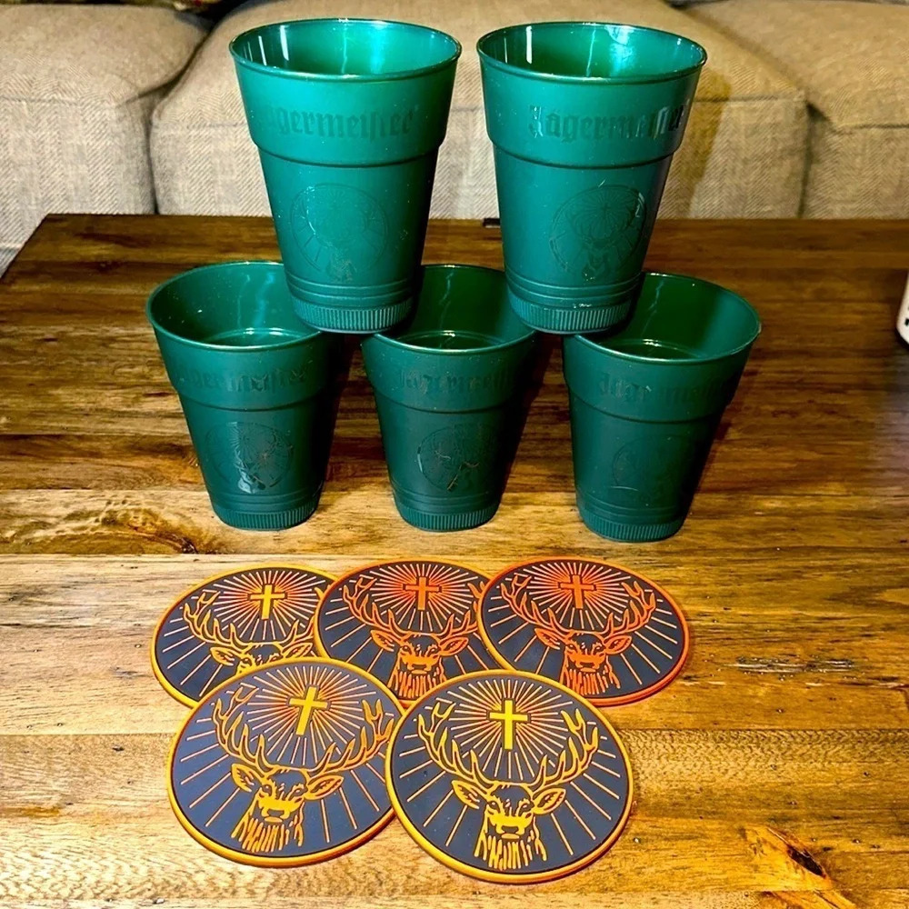 11PC Jägermeister herbal liqueur bundle lot green 5” plastic logo cups/coasters